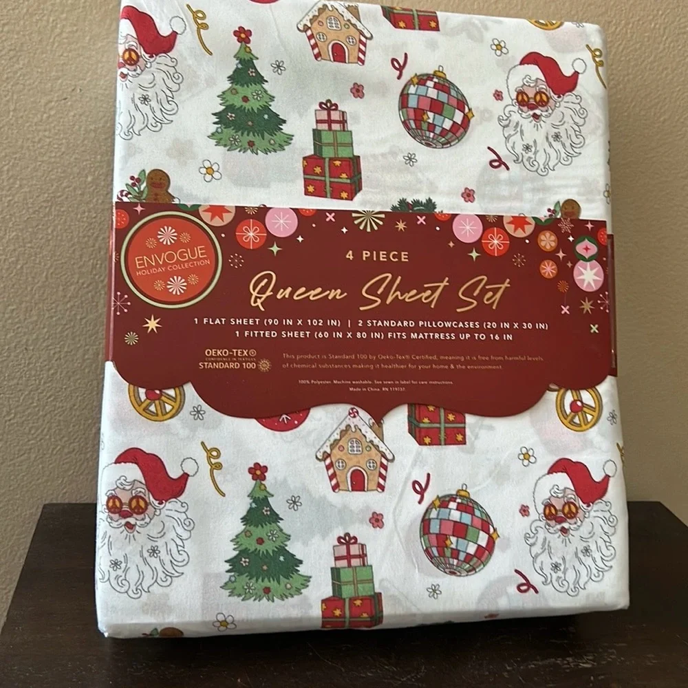 Envogue Queen Sheet Set New Christmas Trees Santa ornaments Gifts Gingerbread